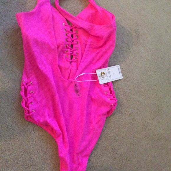 TiniBikini hot pink ribbed one piece. Size M - Picture 2 of 5